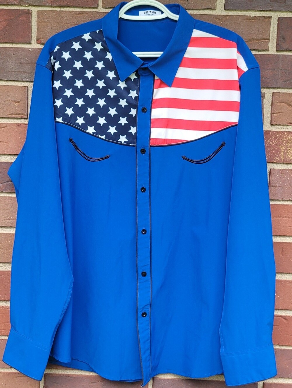 Coofandy American Flag Shirt Embroidered Accents Blue Mens XL Long Sleeve Button